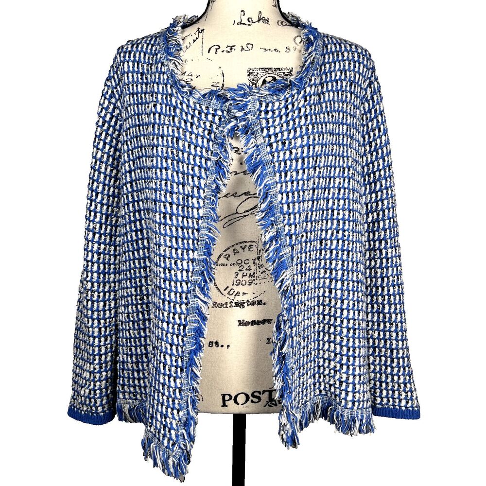 Kasper Womens L Blue White Black Waffle Knit Fringe Open Front Cardigan Jacket